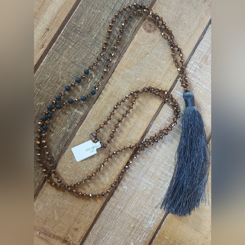 Zacasha Faceted Crystal Tassel Drop Long Necklace NWT Charcoal Copper Lava